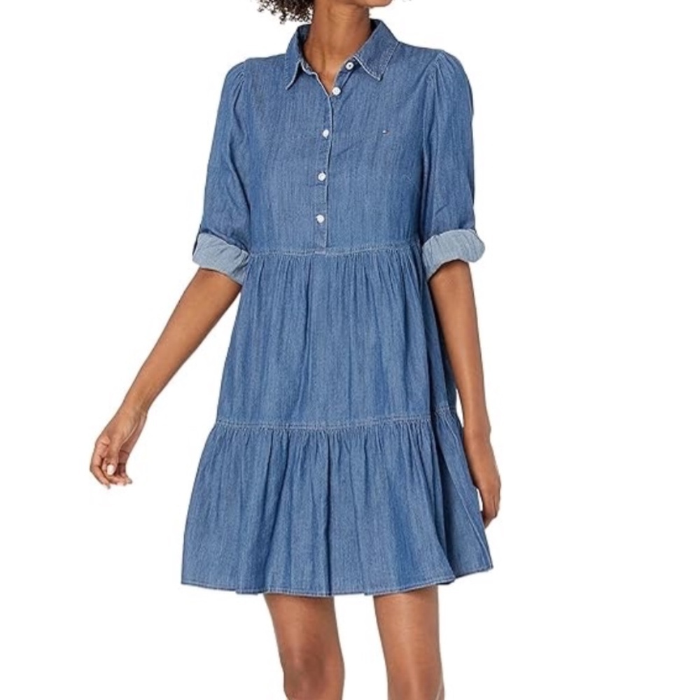Tommy Hilfiger Chambray Tiered Shirt Dress - Blue